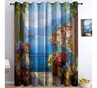 Colore Tende Oscuranti Camera da Letto 2 Pannelli - Motivo Moderno Bellissimo Balcone Fiori Architettura Tende Oscuranti Termica Isolante con Anelli per Decorazione di Finestre Interne 70L x 145A cm