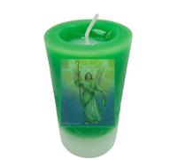 Colore: verde. Religioso. Candela di petizioni e ringraziamenti per l'Arcangelo Raffaello. Luce per attirare la conoscenza e la protezione dell'arcangelo