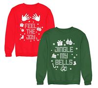 Colorfamily Coppia Felpe Natale Personalizzabili con Nome Feel The Joy Jingle My Bells - Felpa Girocollo Lui e Lei - Maglioni Natalizi Divertenti