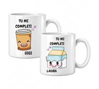 Colorfamily Set 2 Tazze di Coppia in Ceramica, Idea Regalo Romantica - Latte e Caffè Tu Mi Completi Personalizzabile con Nomi, 330 ml