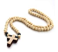 COLORFUL BLING Rosario cattolico in legno naturale con crocifisso in legno, collana con ciondolo a forma di croce religiosa, collana con ciondolo a forma di crocifisso religioso, gioielli fatti a mano