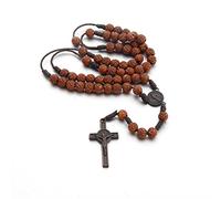 COLORFUL BLING Rosario cattolico in legno naturale con crocifisso in legno, collana con ciondolo a forma di croce religiosa, collana con ciondolo a forma di crocifisso religioso, gioielli fatti a mano