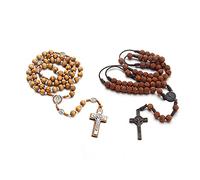 COLORFUL BLING Rosario con perline in legno naturale, 2 pezzi, ciondolo cattolico con crocifisso cattolico, preghiera cattolica, per uomini e donne, gioielli religiosi fatti a mano, legno, legno