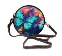 Colorful Butterfly - Borsa a tracolla rotonda da donna, in pelle vegana, con tracolla regolabile