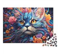 Colorful Cat Portrait 1000 Pezzi Cartone Spesso Blue Fur Floral Cat Puzzle Per Amatori Resistente Ai Graffi Momento Di Relax Allenamento Cerebrale Ecologico 38x26cm/1000pcs