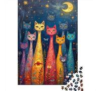 Colorful Cats Night 1000 Pezzi Carta Long Neck Cat Art Puzzle Per Adolescenti Resistente Ai Graffi Allenamento Cerebrale Regalo Di Compleanno 70x50cm/1000pcs