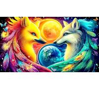 Colorful-Fox-and-Wolf-with-Earth-Moon Puzzle 1000 Pezzi per Adulti - in Cartone Riciclato per la Decorazione 38x26cm/1000pcs