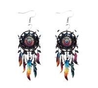 Colorful Long Dangle Earrings, Vintage Feather Earrings With Dream Catcher Design, Handmade Lightweight Dangle Accessory