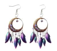Colorful Long Dangle Earrings, Vintage Feather Earrings With Dream Catcher Design, Handmade Lightweight Dangle Accessory