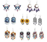 Colorful Long Dangle Earrings, Vintage Feather Earrings With Dream Catcher Design, Handmade Lightweight Dangle Accessory