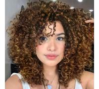 Colorful panda Parrucche afro ricci profonde per donne, lunghezza media, capelli sintetici naturali, parrucca afro ricci crespi per costume o uso quotidiano (ombré marrone biondo)
