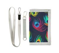 Colorful Piume di pavone portafoglio da viaggio a tre ante per gli uomini per le donne semplice robusto portafoglio clip per gli uomini con cordino billetera tarjetero para hombre, Piume di pavone