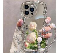 Colorful Retro Painting Printed Flower Phone Case for iPhone 13 14 15 16 Pro Max Plus,Cute Curly Waves Border Phone Cover Stylish TPU Protective Case With lanyard (White Rose,for iPhone 16 Pro Max)