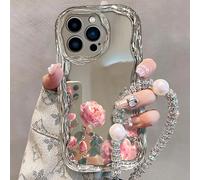 Colorful Retro Painting Printed Flower Phone Case for iPhone 13 14 15 16 Pro Max Plus,Cute Curly Waves Border Phone Cover Stylish TPU Protective Case With lanyard (Pink Rose,for iPhone 16 Pro Max)