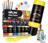 Colorful Set di pittura per vetro macchiato con 6 pennelli, 1 tavolozza e 1 spugna, 14 colori, impermeabile, permanente, kit per pittura su vetro per arti su bicchieri di vino, bottiglie e finestre