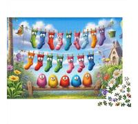 Colorful Socks Hanging Adult Jigsaws for Decompression: Rainbow Socks & Egg Characters Educational Game Challenge Wall Decoration 38x26cm/1000pcs