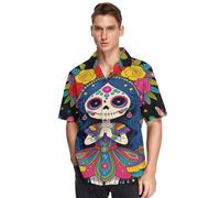 Colorful Sugar Skull Woman Dead Hawaiian Uomo Manica Corta Button Up Camicia Activewear, Multicolore, XL