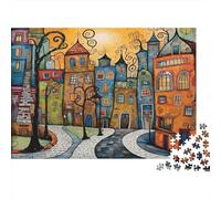 Colorful Town Art 100% Recycled Cardboard Whimsical Cityscape Art 1000Pc Jigsaw Puzzle Adults Fun Activity for Rainy Days 70x50cm/1000pcs