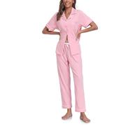 COLORFULLEAF 100% cotone, pigiama da donna, con bottoni, pigiama, set da 2 pezzi, a maniche corte, pantaloni lunghi