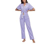 COLORFULLEAF 100% cotone, pigiama da donna, con bottoni, pigiama, set da 2 pezzi, a maniche corte, pantaloni lunghi