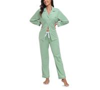 COLORFULLEAF Pigiama da donna, 100% cotone, con bottoni, a maniche lunghe, set da 2 pezzi, biancheria da notte, Sage Green manica lunga, S