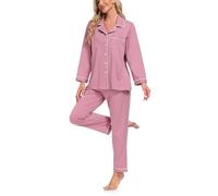 COLORFULLEAF Pigiama da donna, 100% cotone, con bottoni, a maniche lunghe, set da 2 pezzi, biancheria da notte