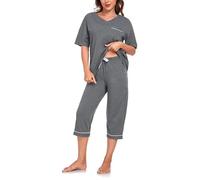 COLORFULLEAF Pigiama da donna Capri 100% cotone, set di due pezzi, scollo a V, biancheria da notte a maniche corte e pantaloni a 3/4
