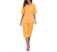 COLORFULLEAF Pigiama da donna Capri 100% cotone, set di due pezzi, scollo a V, biancheria da notte a maniche corte e pantaloni a 3/4, Giallo brillante, M
