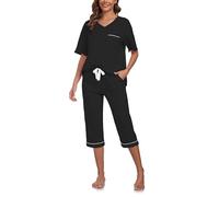 COLORFULLEAF Pigiama da donna Capri 100% cotone, set di due pezzi, scollo a V, biancheria da notte a maniche corte e pantaloni a 3/4, A-nero., M