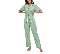 COLORFULLEAF Pigiama da donna con bottoni, 100% cotone, a maniche corte, set di due pezzi, top e pantaloni pigiameria, Verde salvia, XL