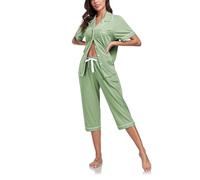 COLORFULLEAF Pigiama da donna in 100% cotone, pigiama estivo, set da due pezzi, a maniche corte con bottoni e pantaloni a 3/4, Verde salvia, XL