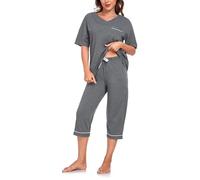 COLORFULLEAF Pigiama da donna, in cotone, 2 pezzi, estivo, con scollo a V, a maniche corte e pantaloni a 3/4, grigio scuro, M