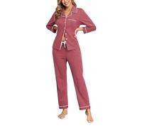 COLORFULLEAF - Pigiama da donna lungo, 100% cotone, con abbottonatura, a maniche lunghe, in 2 pezzi, S