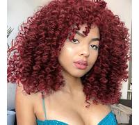 ColorfulPanda Parrucca Afro Sintetica Capelli Intrecciati Ricci per Donne, Rosso Scuro Misto Kinky Curly con Frangietta, Parrucche Corte Africane per Donne Nere (Bordeaux)