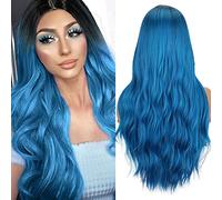 Colorfulpanda Parrucca Ombre Blu Lungo per Donna, Ricci Capelli Parrucche Naturale Ondulata Sintetici Capelli Blue Wig per Uso Quotidiane Cosplay Halloween
