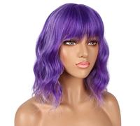 ColorfulPanda - Parrucche corte bob viola scuro per donne, lunghezza spalla, ricci ondulati con frangia, capelli sintetici naturali resistenti al calore, parrucca per uso quotidiano e feste, 35,5 cm
