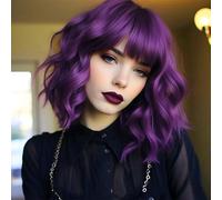 ColorfulPanda - Parrucche corte bob viola scuro per donne, lunghezza spalla, ricci ondulati con frangia, capelli sintetici naturali resistenti al calore, parrucca per uso quotidiano e feste, 35,5 cm