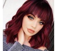 Colorfulpanda Short BOB ondulato ricci Parrucche con frangia Capelli sintetici resistenti al calore rosso da 14 pollici per il costume del partito di Cosplay Halloween,red