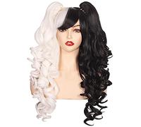 ColorGround Parrucca cosplay lunga riccia con 2 code di cavallo (mezzo nero, metà bianco)