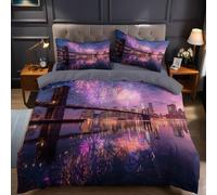 Colori Al Neon Set Biancheria da Letto Ponte di Brooklyn di notte Copripiumino Matrimoniale 260x 40 cm, 3 Pezzi in Microfibra con 2 Federe 50x80 cm, Stampa 3D e Chiusura a Cerniera