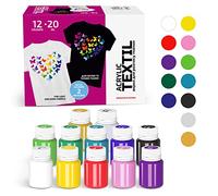 Colori per Tessuti Permanenti 12 x 20 ml Set - Pittura per Tessuti, Pelle e Cuoio | Colore Acrilico per Stoffa, Scarpe, Magliette e Jeans Lavabile | Tempere per Vestiti | Fabric Paint Professionale