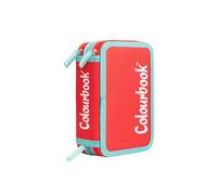Colourbook 3Zip - Astuccio Bicolor Scuola 3 Scomparti, Completo di Penne, Matite e Pennarelli, 44 Pezzi (Rosso)