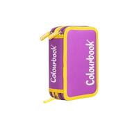 Colourbook 3Zip - Astuccio Bicolor Scuola 3 Scomparti, Completo di Penne, Matite e Pennarelli, 44 Pezzi (Viola)