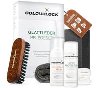 COLOURLOCK Set per la cura della pelle liscia | Set per la cura della pelle adatto per divano auto UVM. | Detergente delicato + protezione pelle + spazzola per la pulizia + spugna per la pulizia +