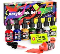 Colozoo Set di Inchiostri Acrilici 8x20ml, permanenti e impermeabili, 6 colori primari e 2 neon, pittura liquida per aerografo, pouring, medium acrilico, per tutte le superfici