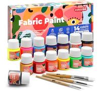 colozoo Vernice Tessile Resistente alla Lavatrice 14x20ml | Set di Vernici incl. Oro, Argento e 2 Colori Neon e 3 Pennelli | per Tessuti Scuri e Chiari