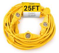 COLSEN 25FT Yellow Power Extension Cord 3 Prong 6 Nema 5-15R Female Socket - Red LED Indicator 16 Gauge SJTW Cable Male to Female Connector Stage Backlines Power Board UL Listed Multiple Plug Outlet