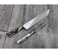 COLTELLO BBQ FORGIATO CON FORCHETTONE - MANICO IN CERVO - LAMA 30 CM
