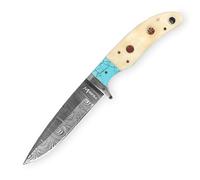 Coltello da caccia effetto damasco fatto a mano, manico turchese in osso.