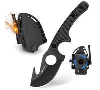 COLTELLO DA COLLO HO-YN, Mini coltello a lama fissa per attività all'aperto con clip rotante a 360°, lama di 6,2 cm, fischietto integrato, catena di sfere, colore nero integrale